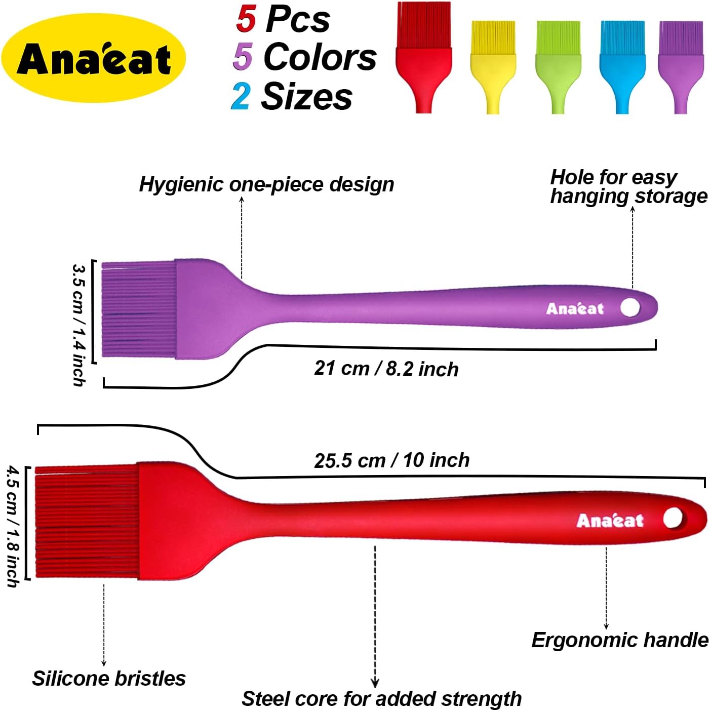 5-Piece Anaeat Silicone Basting Pastry Brush Set - Heat Resistant, Hygienic Design for BBQ, Grill, Baking - BPA Free & Dishwasher Safe - 10"+8.2