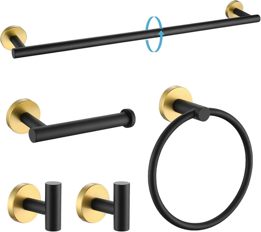 5 Piece Black and Gold Bathroom Hardware Set - SUS304 Stainless Steel Towel Bar Set, 24 Inch Accessories Kit Wall Mounted