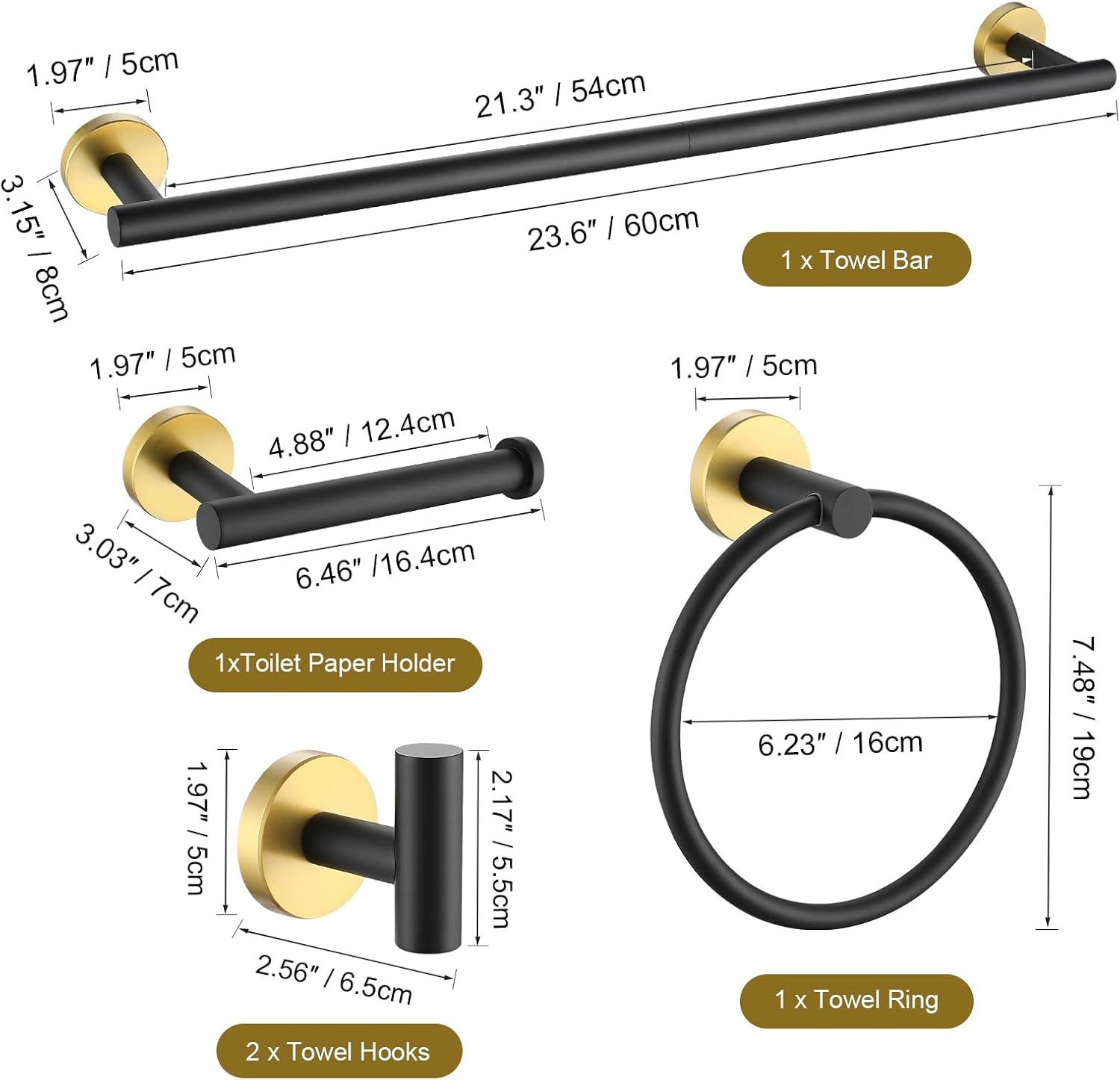 5 Piece Black and Gold Bathroom Hardware Set - SUS304 Stainless Steel Towel Bar Set, 24 Inch Accessories Kit Wall Mounted