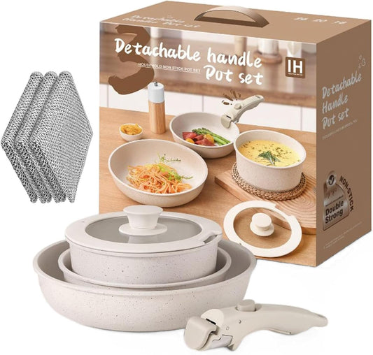 5-Piece Cream White Nonstick Cookware Set with Detachable Handle