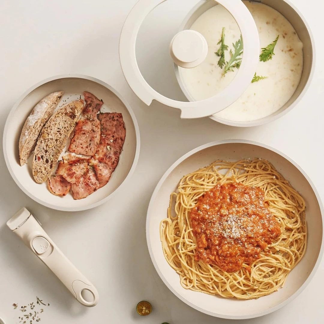 5-Piece Cream White Nonstick Cookware Set with Detachable Handle