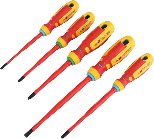 5-Piece Electrical Screwdriver Set with VDE Insulation for Electricians - Includes Phillips and Slotted Screwdrivers