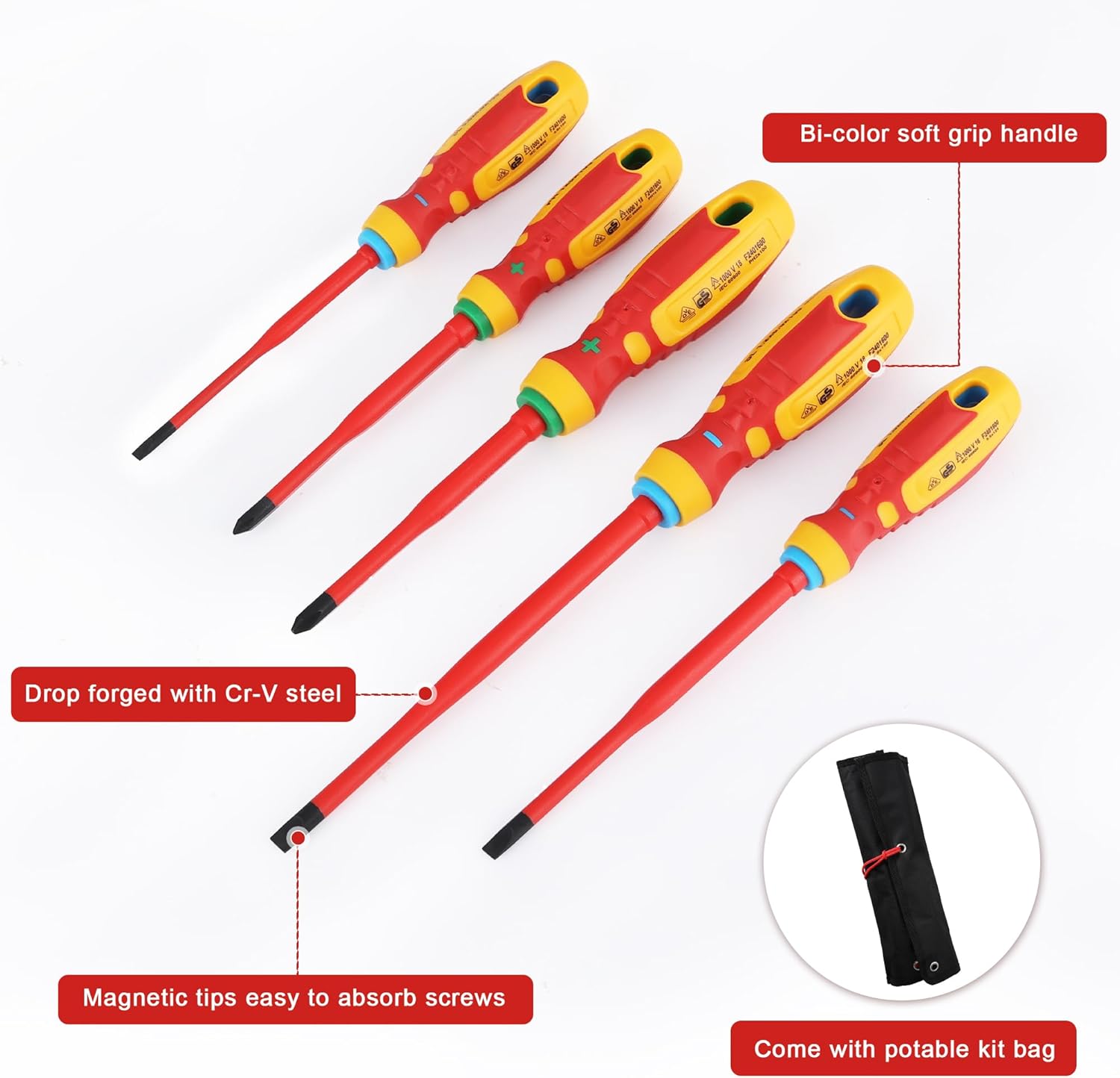 5-Piece Electrical Screwdriver Set with VDE Insulation for Electricians - Includes Phillips and Slotted Screwdrivers