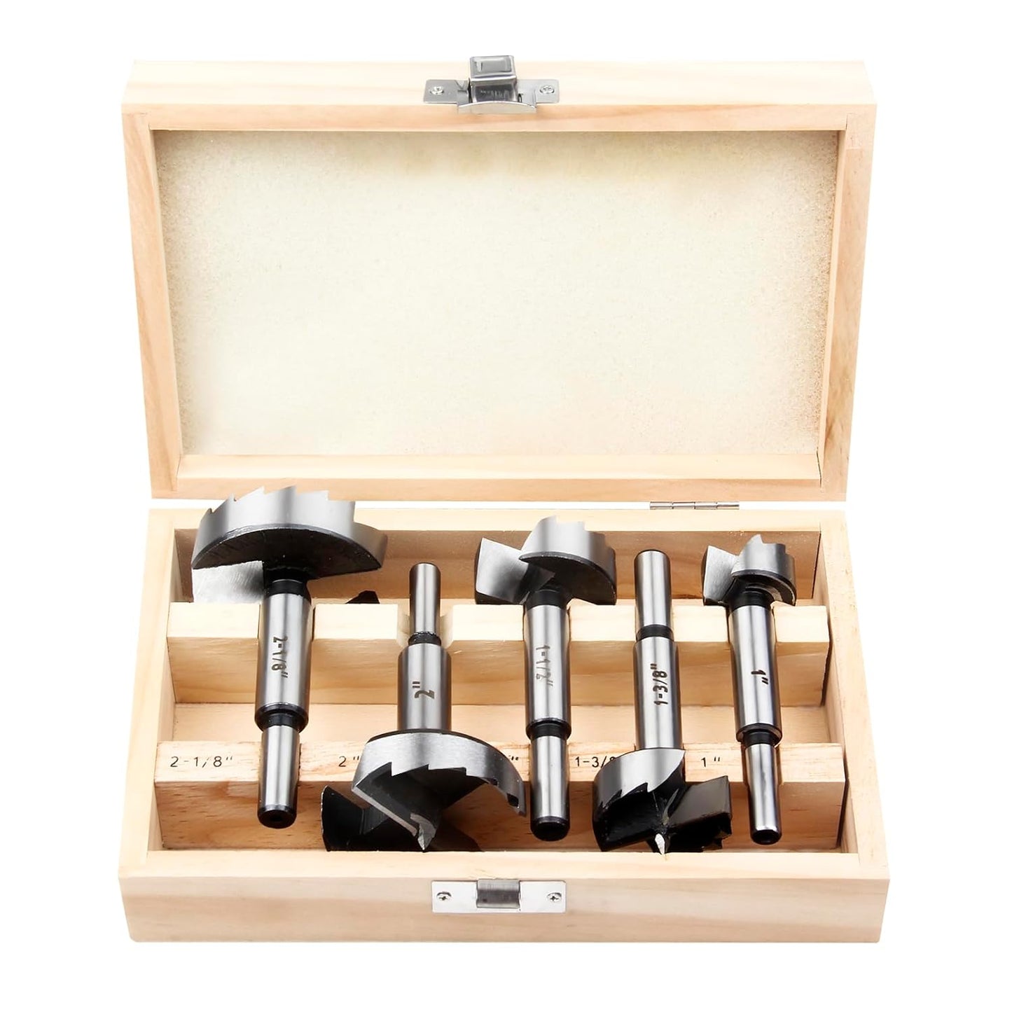 5-Piece HPHOPE Forstner Bit Set for Wood Drilling, Round Shank, Sizes 1"-2-1/8" w/ Storage Case - Drill Accessories