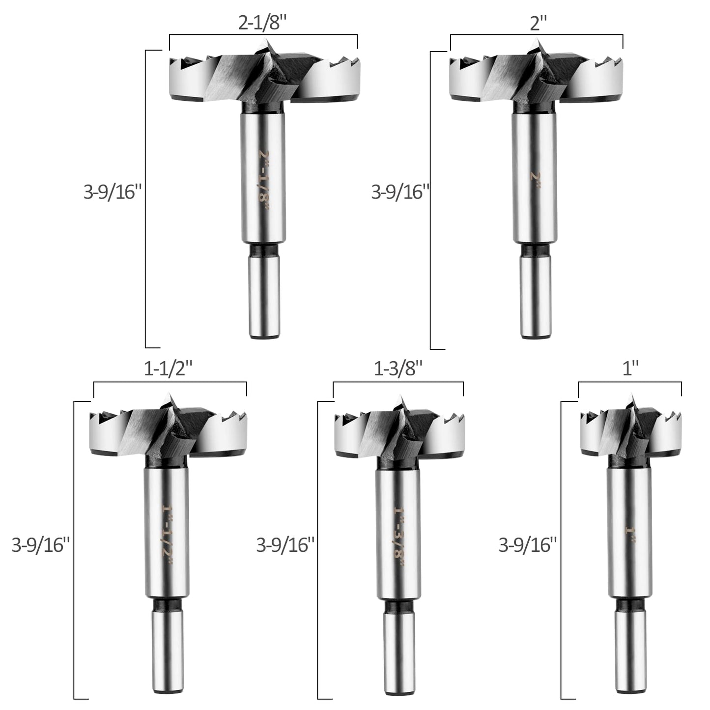 5-Piece HPHOPE Forstner Bit Set for Wood Drilling, Round Shank, Sizes 1"-2-1/8" w/ Storage Case - Drill Accessories