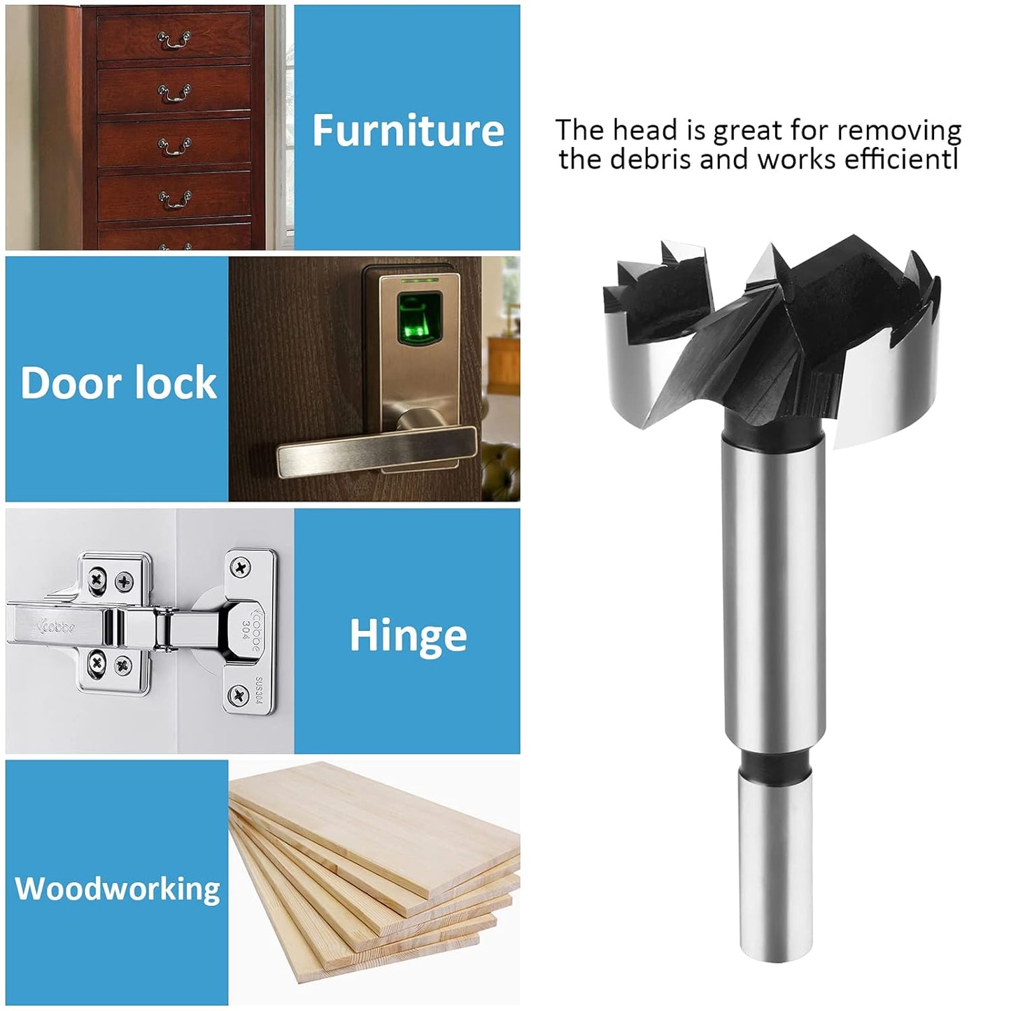 5-Piece HPHOPE Forstner Bit Set for Wood Drilling, Round Shank, Sizes 1"-2-1/8" w/ Storage Case - Drill Accessories