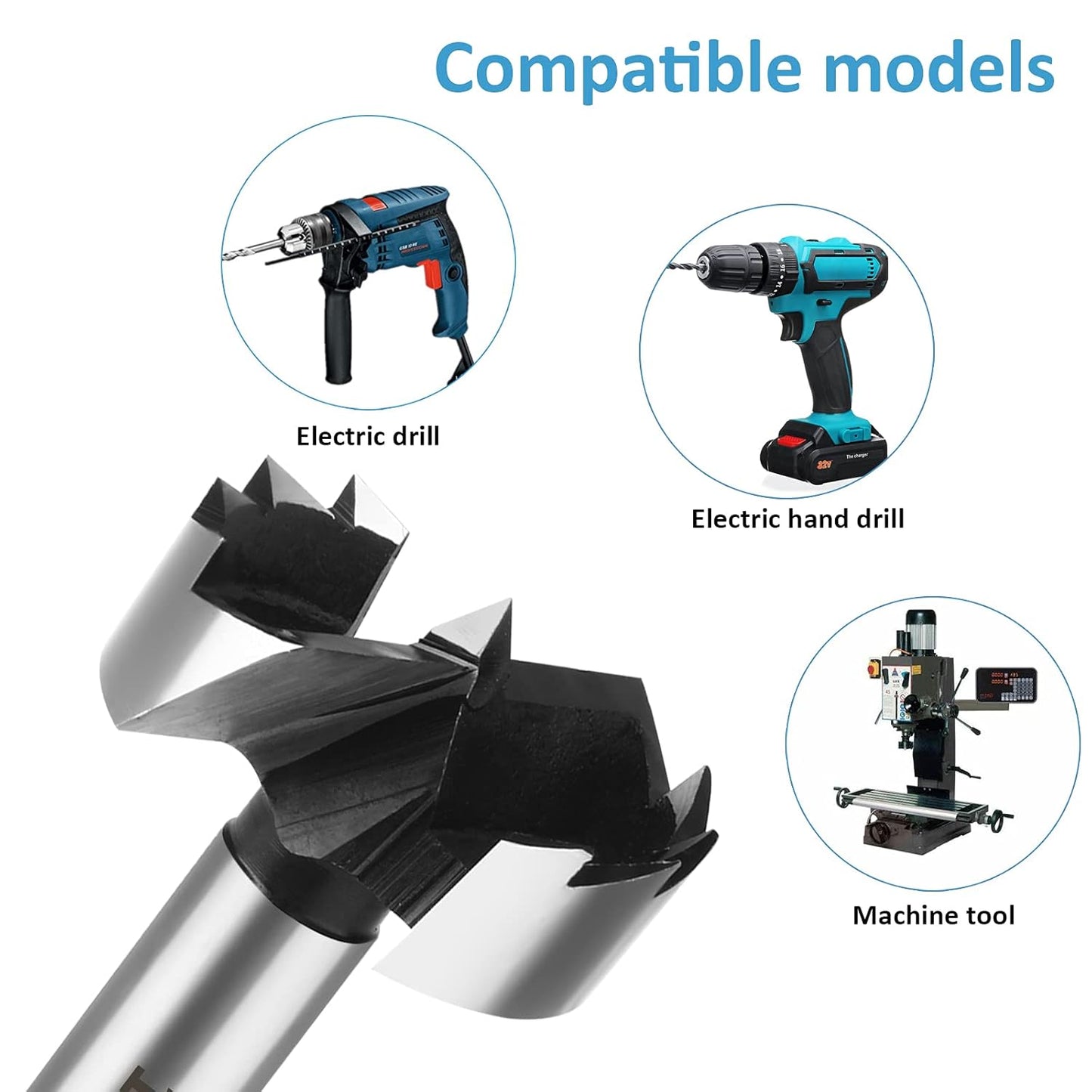 5-Piece HPHOPE Forstner Bit Set for Wood Drilling, Round Shank, Sizes 1"-2-1/8" w/ Storage Case - Drill Accessories