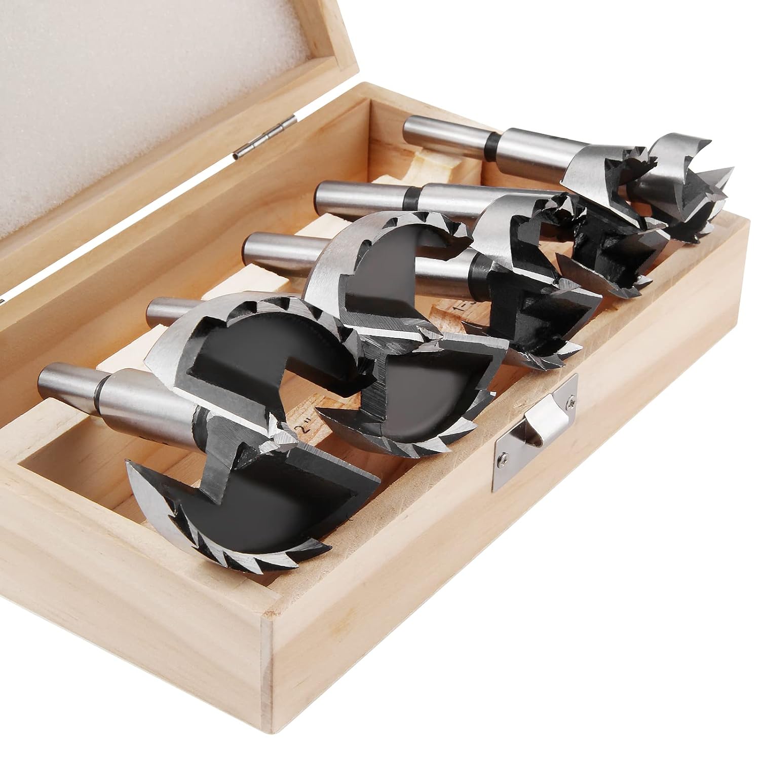 5-Piece HPHOPE Forstner Bit Set for Wood Drilling, Round Shank, Sizes 1"-2-1/8" w/ Storage Case - Drill Accessories