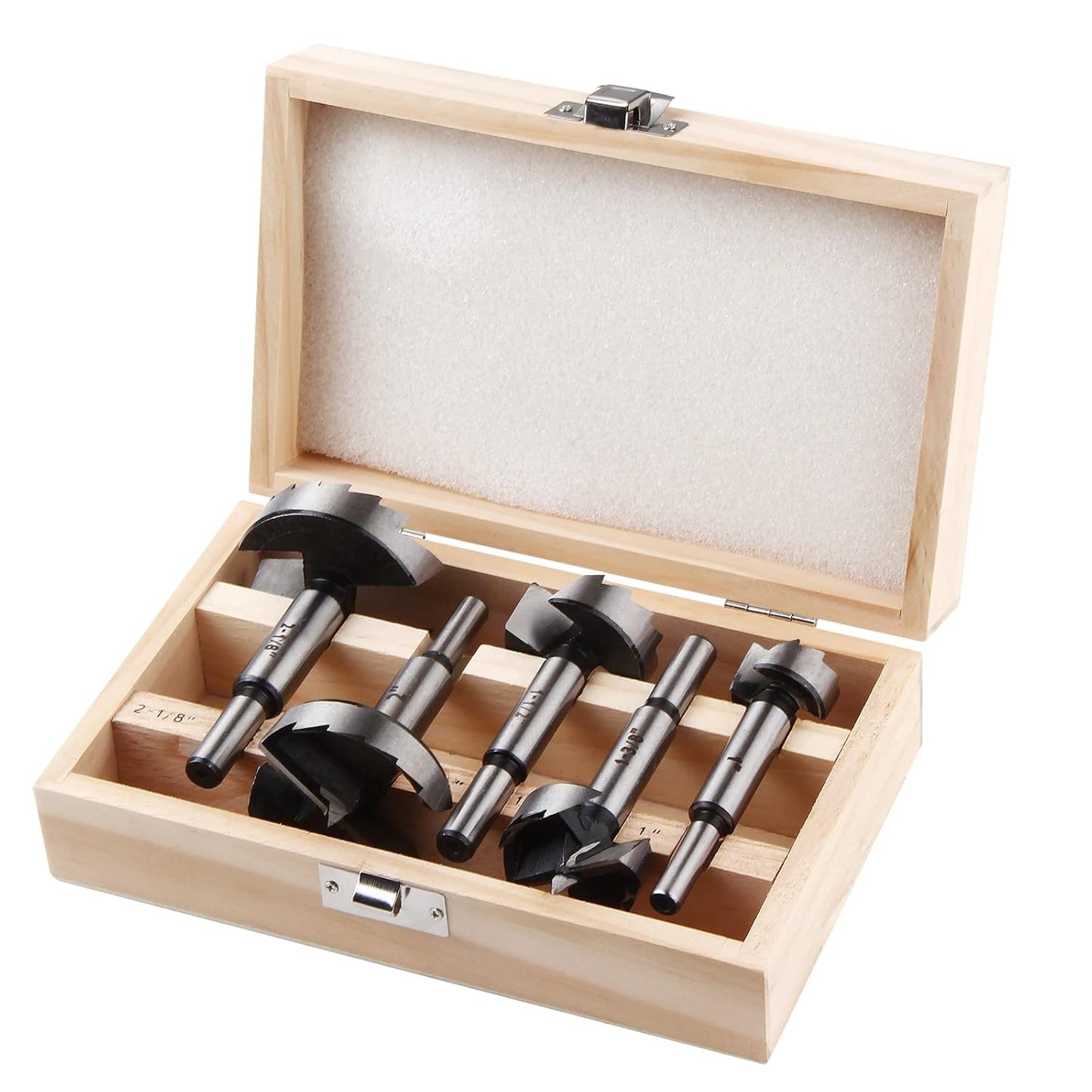5-Piece HPHOPE Forstner Bit Set for Wood Drilling, Round Shank, Sizes 1"-2-1/8" w/ Storage Case - Drill Accessories