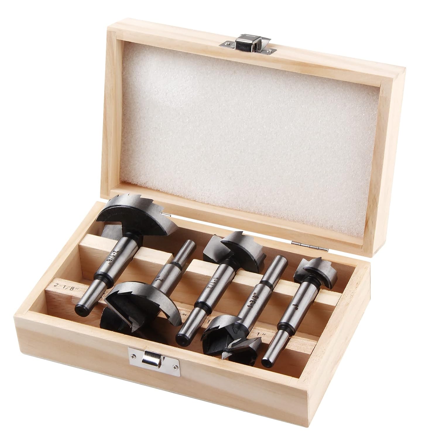 5-Piece HPHOPE Forstner Bit Set for Wood Drilling, Round Shank, Sizes 1"-2-1/8" w/ Storage Case - Drill Accessories