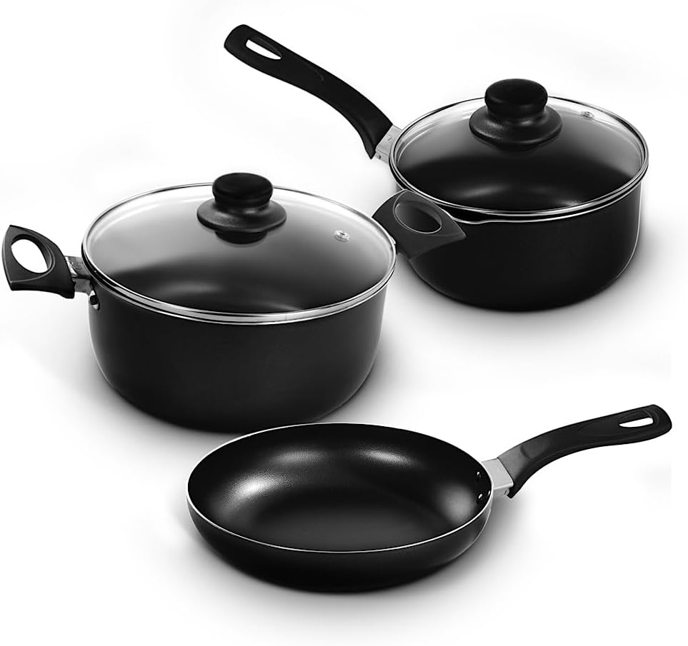 5-Piece Nonstick Cookware Set by Grupo North - PFOA Free, Highly Resistant with 5 Layers of Italian Non-Stick Coating - Healthy Cooking with Less Oil - Black