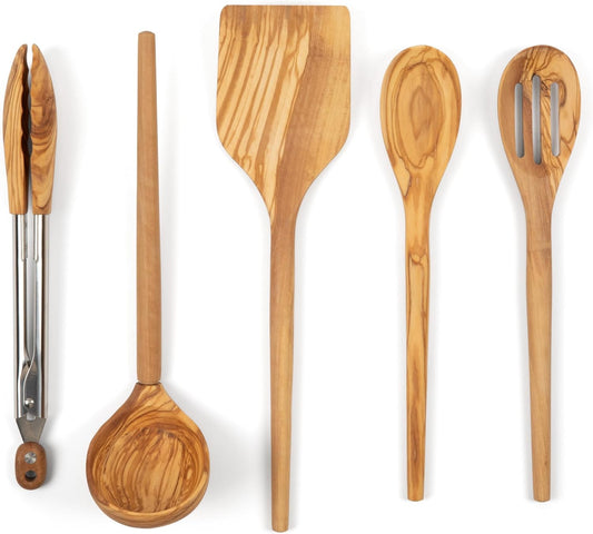 5-Piece Olive Wood Kitchen Utensil Set - Turner, Tongs, Slotted Spoon, Ladle, 12" Spoon - Best for Cooking with Nonstick Cookware