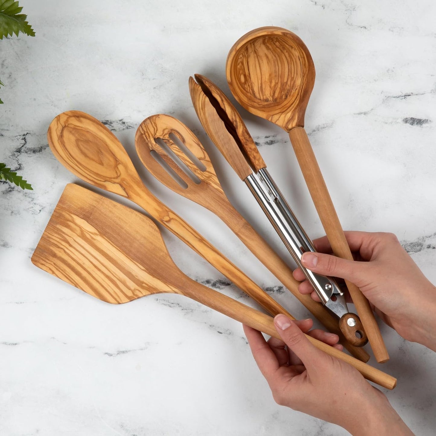 5-Piece Olive Wood Kitchen Utensil Set - Turner, Tongs, Slotted Spoon, Ladle, 12" Spoon - Best for Cooking with Nonstick Cookware