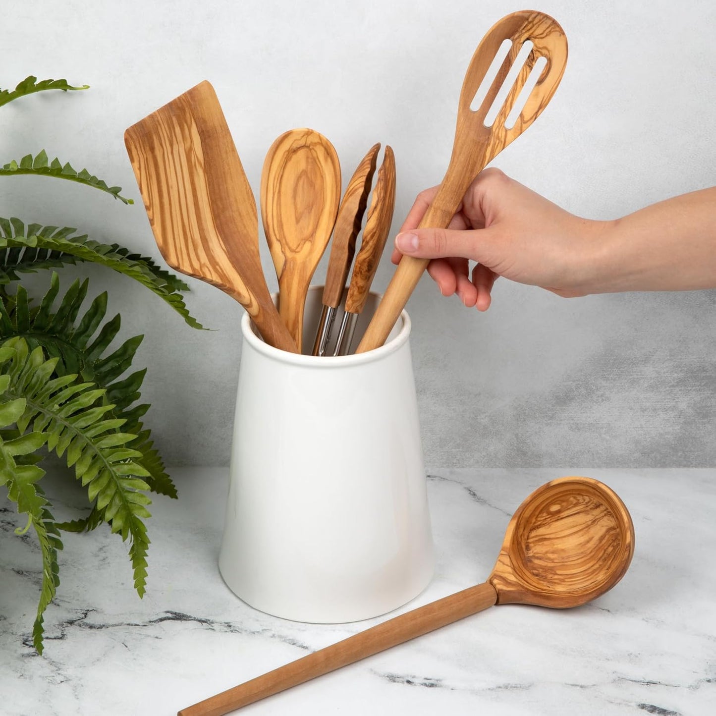 5-Piece Olive Wood Kitchen Utensil Set - Turner, Tongs, Slotted Spoon, Ladle, 12" Spoon - Best for Cooking with Nonstick Cookware