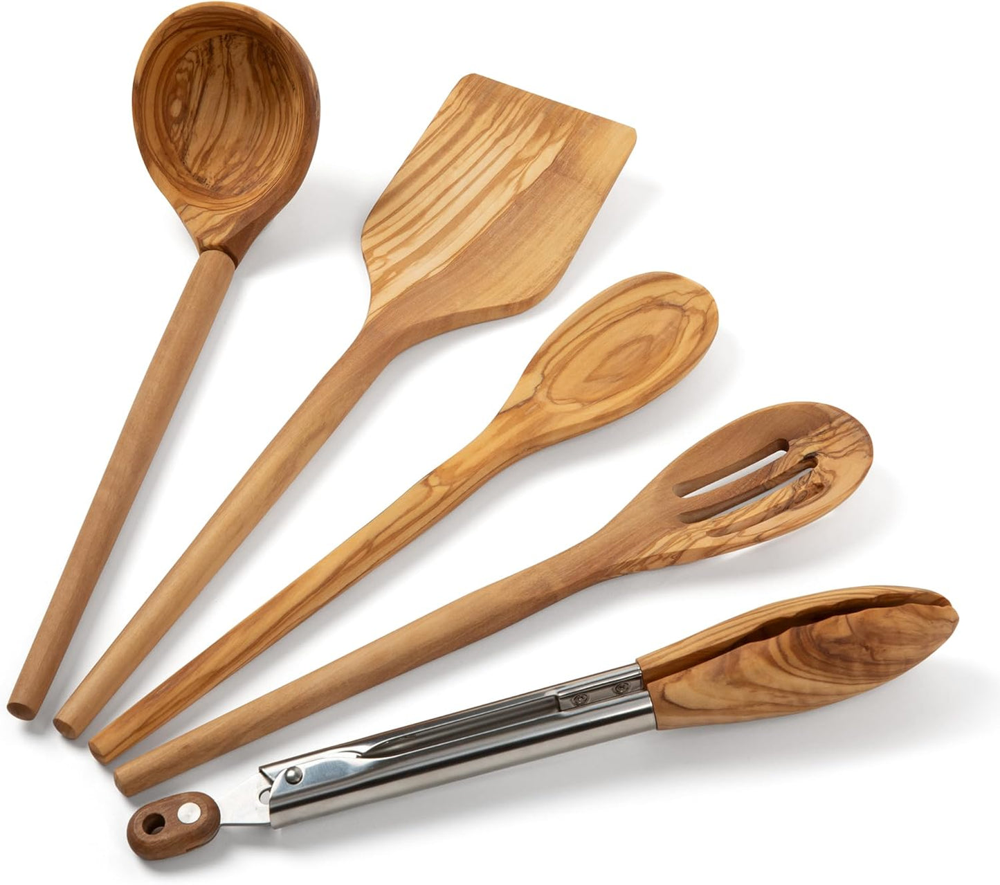 5-Piece Olive Wood Kitchen Utensil Set - Turner, Tongs, Slotted Spoon, Ladle, 12" Spoon - Best for Cooking with Nonstick Cookware