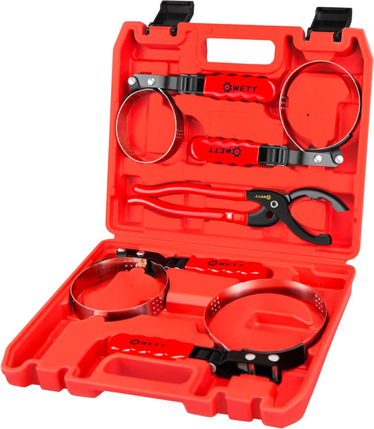 5-Piece Swivel Oil Filter Wrench Set with Adjustable Plier - Stainless Steel Removal Tool for Standard Filters (2-3/4" to 5-1/4")