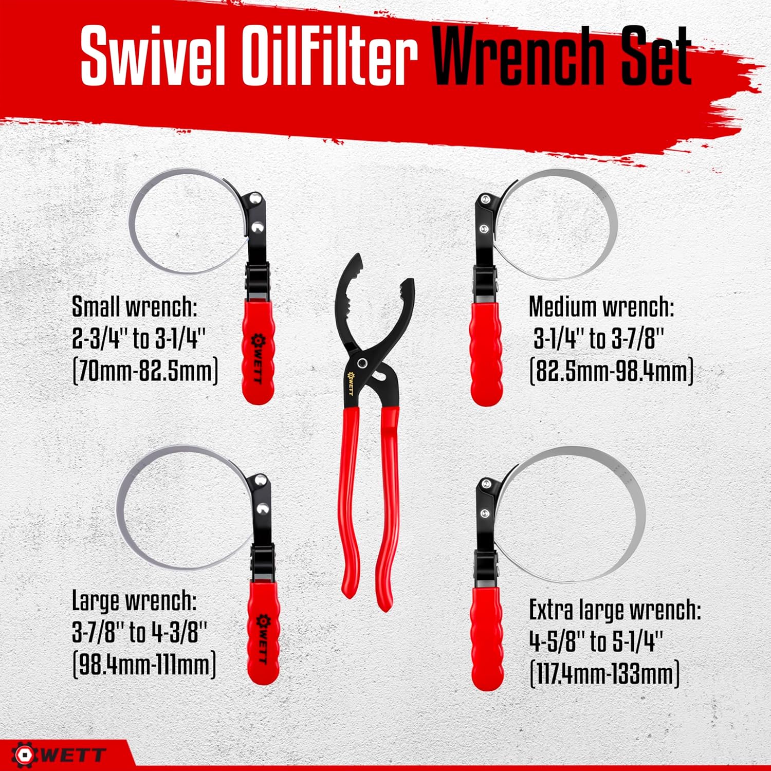 5-Piece Swivel Oil Filter Wrench Set with Adjustable Plier - Stainless Steel Removal Tool for Standard Filters (2-3/4" to 5-1/4")