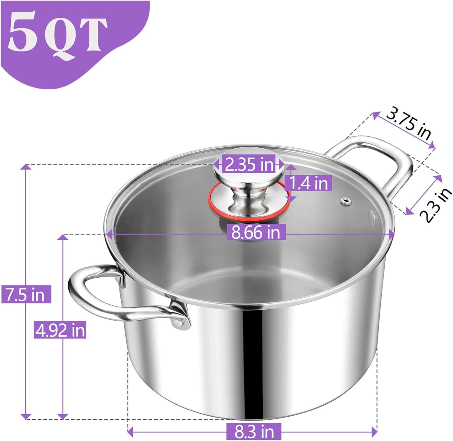 5 QT Tri-Ply Stainless Steel Stockpot with Visible Lid - Induction Cooking Pot for All Stoves - Heavy-Duty Dishwasher Safe Pot