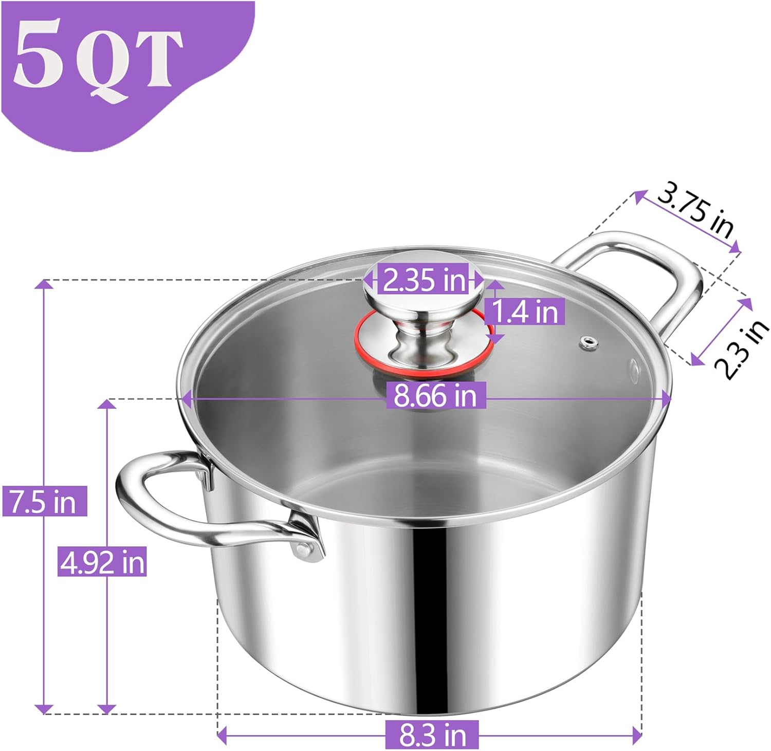 5 QT Tri-Ply Stainless Steel Stockpot with Visible Lid - Induction Cooking Pot for All Stoves - Heavy-Duty Dishwasher Safe Pot