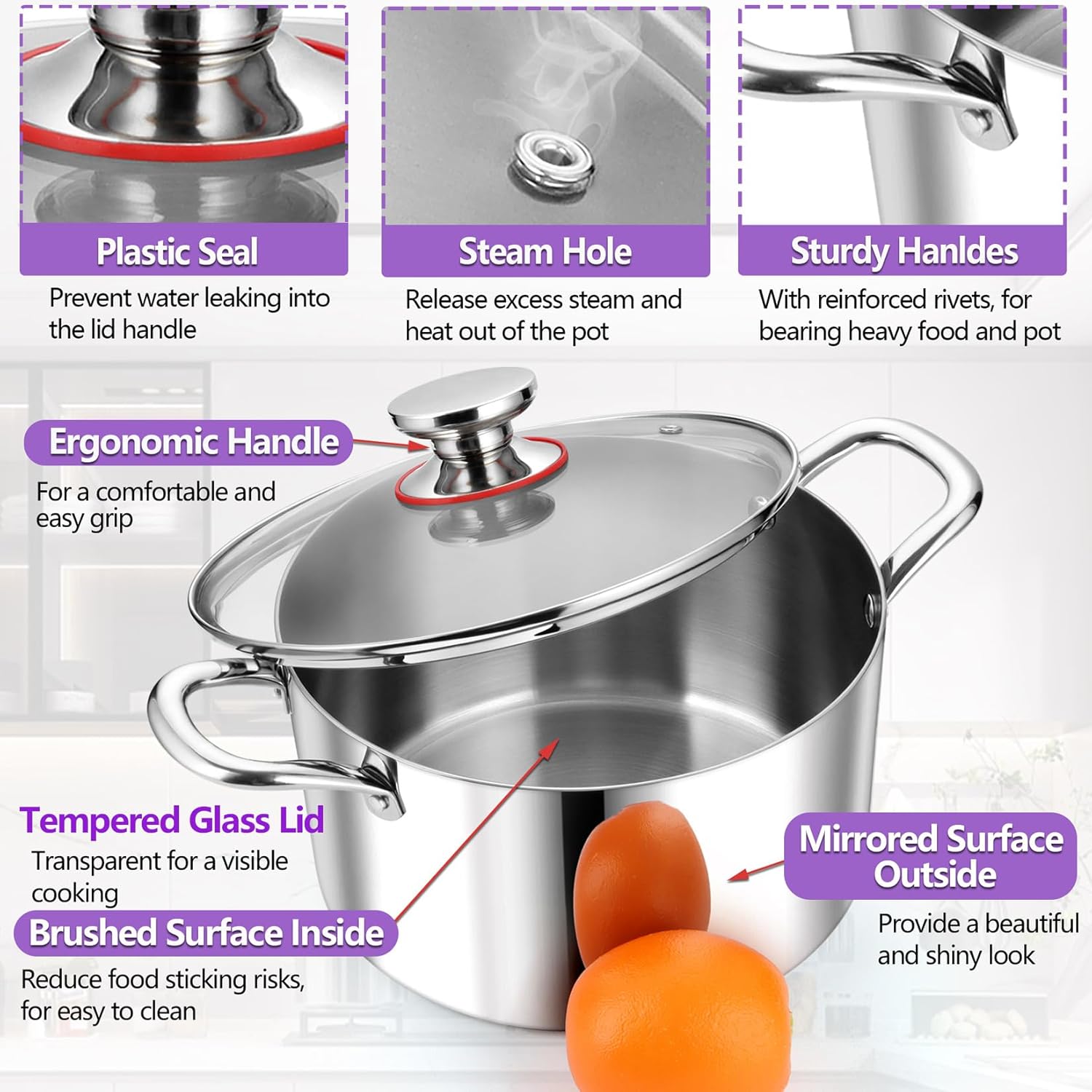 5 QT Tri-Ply Stainless Steel Stockpot with Visible Lid - Induction Cooking Pot for All Stoves - Heavy-Duty Dishwasher Safe Pot