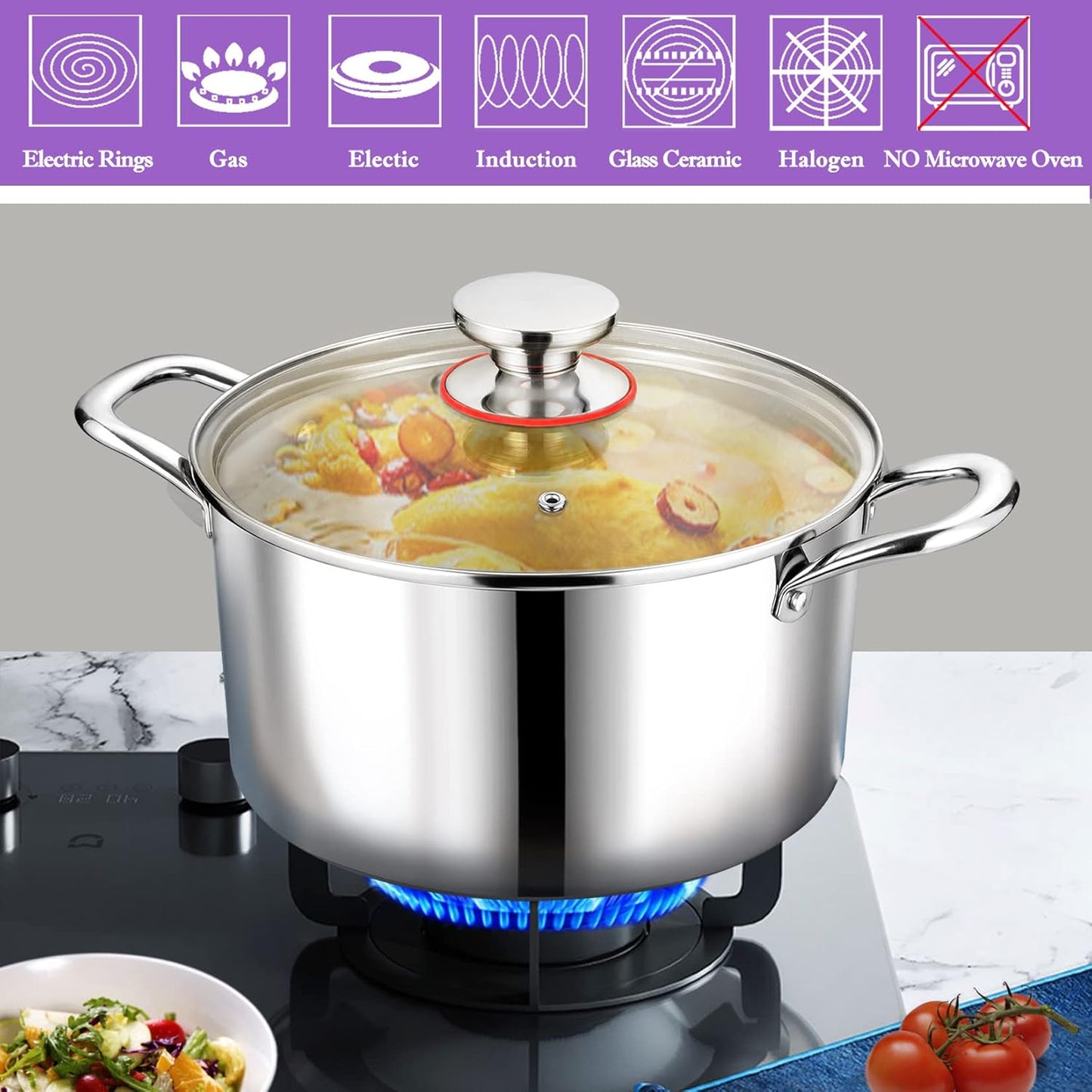 5 QT Tri-Ply Stainless Steel Stockpot with Visible Lid - Induction Cooking Pot for All Stoves - Heavy-Duty Dishwasher Safe Pot
