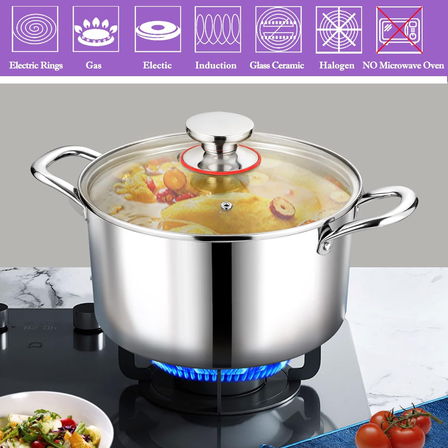 5 QT Tri-Ply Stainless Steel Stockpot with Visible Lid - Induction Cooking Pot for All Stoves - Heavy-Duty Dishwasher Safe Pot