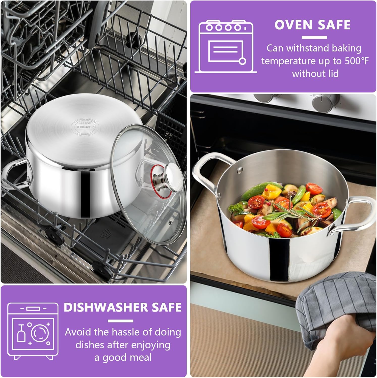 5 QT Tri-Ply Stainless Steel Stockpot with Visible Lid - Induction Cooking Pot for All Stoves - Heavy-Duty Dishwasher Safe Pot