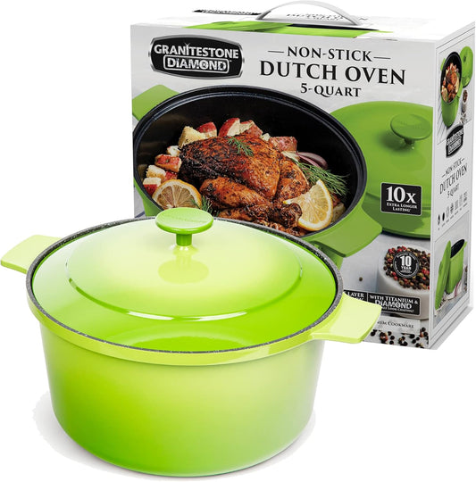 5 Quart Granitestone Dutch Oven: Nonstick Enameled Aluminum Pot with Lid, Oven Safe, Induction Capable - Green, PFOA Free