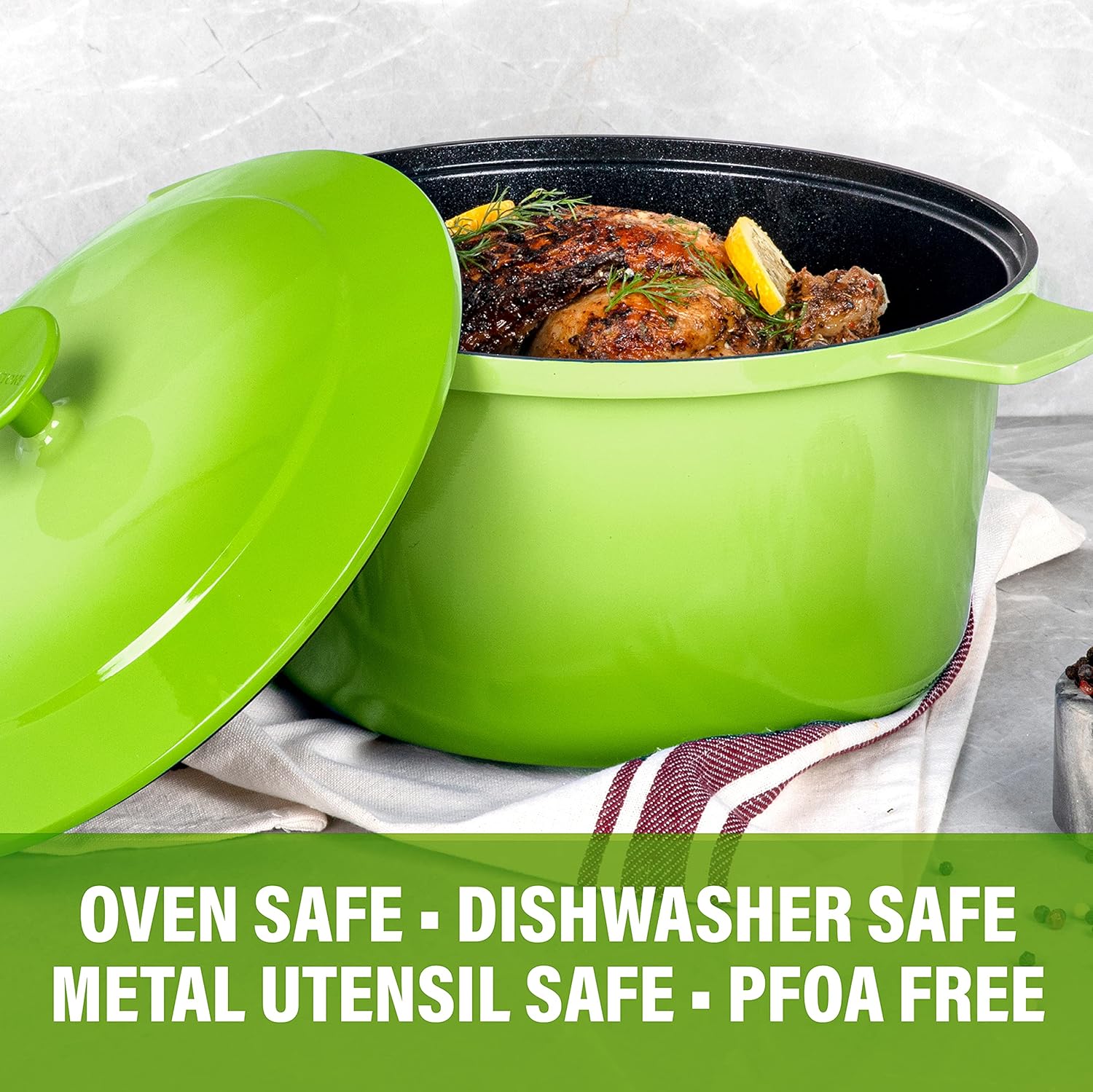 5 Quart Granitestone Dutch Oven: Nonstick Enameled Aluminum Pot with Lid, Oven Safe, Induction Capable - Green, PFOA Free