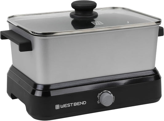 5-Quart West Bend Slow Cooker with Variable Temperature Control, Non-stick Vessel, Travel Lid, and Thermal Case - Silver