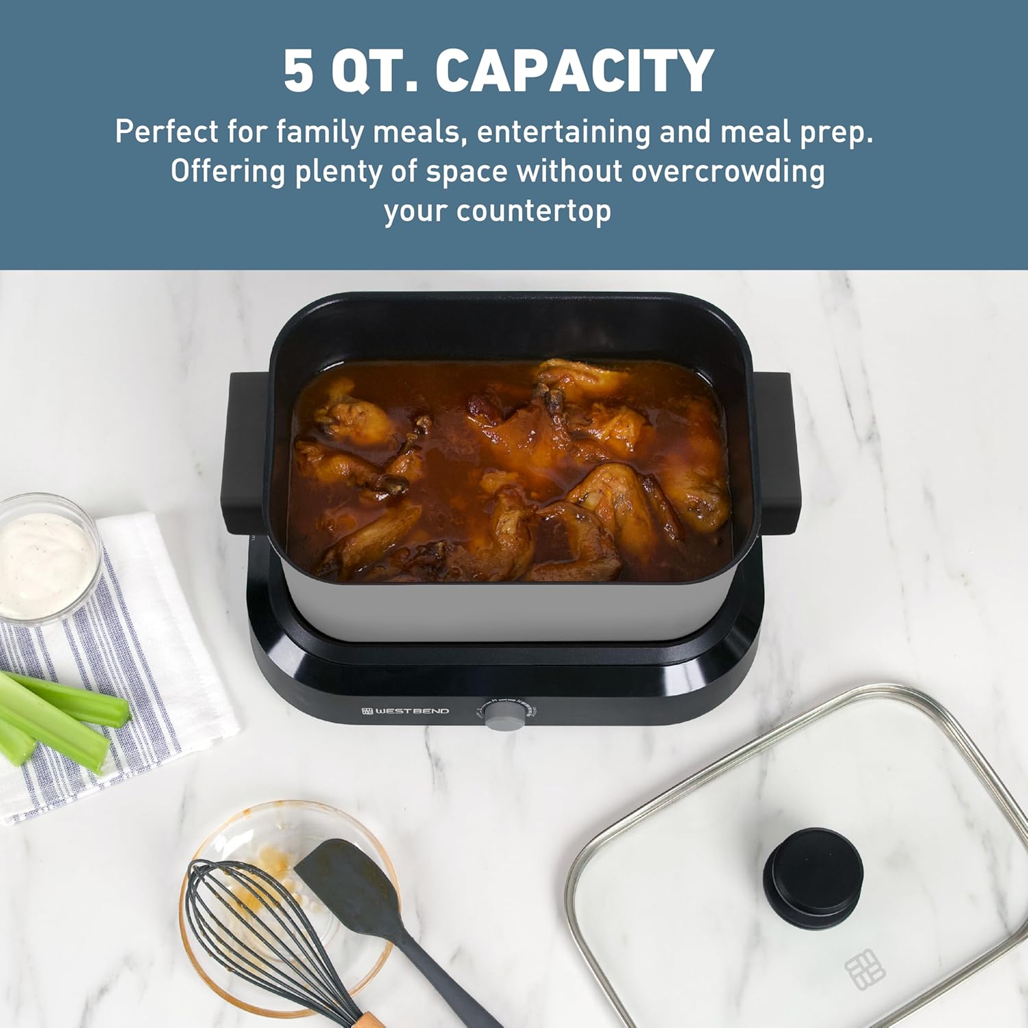 5-Quart West Bend Slow Cooker with Variable Temperature Control, Non-stick Vessel, Travel Lid, and Thermal Case - Silver