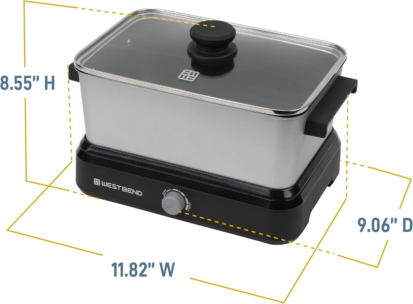 5-Quart West Bend Slow Cooker with Variable Temperature Control, Non-stick Vessel, Travel Lid, and Thermal Case - Silver