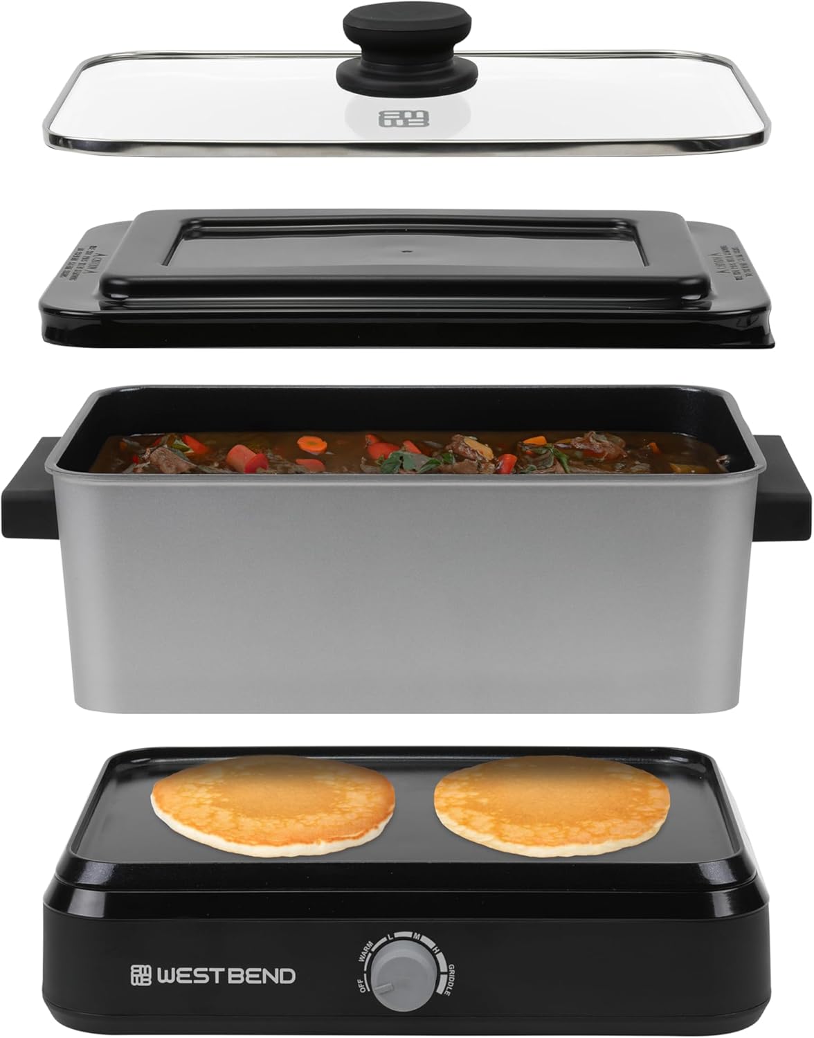 5-Quart West Bend Slow Cooker with Variable Temperature Control, Non-stick Vessel, Travel Lid, and Thermal Case - Silver