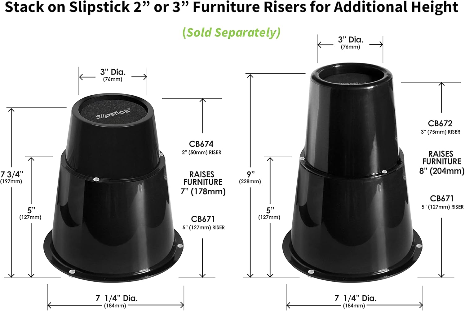 5" Round Black Bed Risers/Furniture Lifts - Set of 4, Supports 2,640 lbs, Stackable with Steel Reinforced Holder Top - Compatible with CB674 & CB672