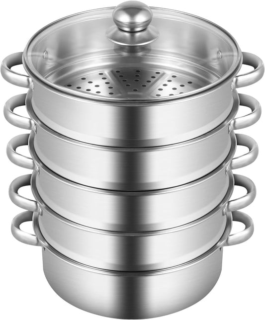 5-Tier Stainless Steel Steamer Pot Set - Multipurpose Cookware for Steaming Pasta, Vegetables, Dumplings, and Seafood
