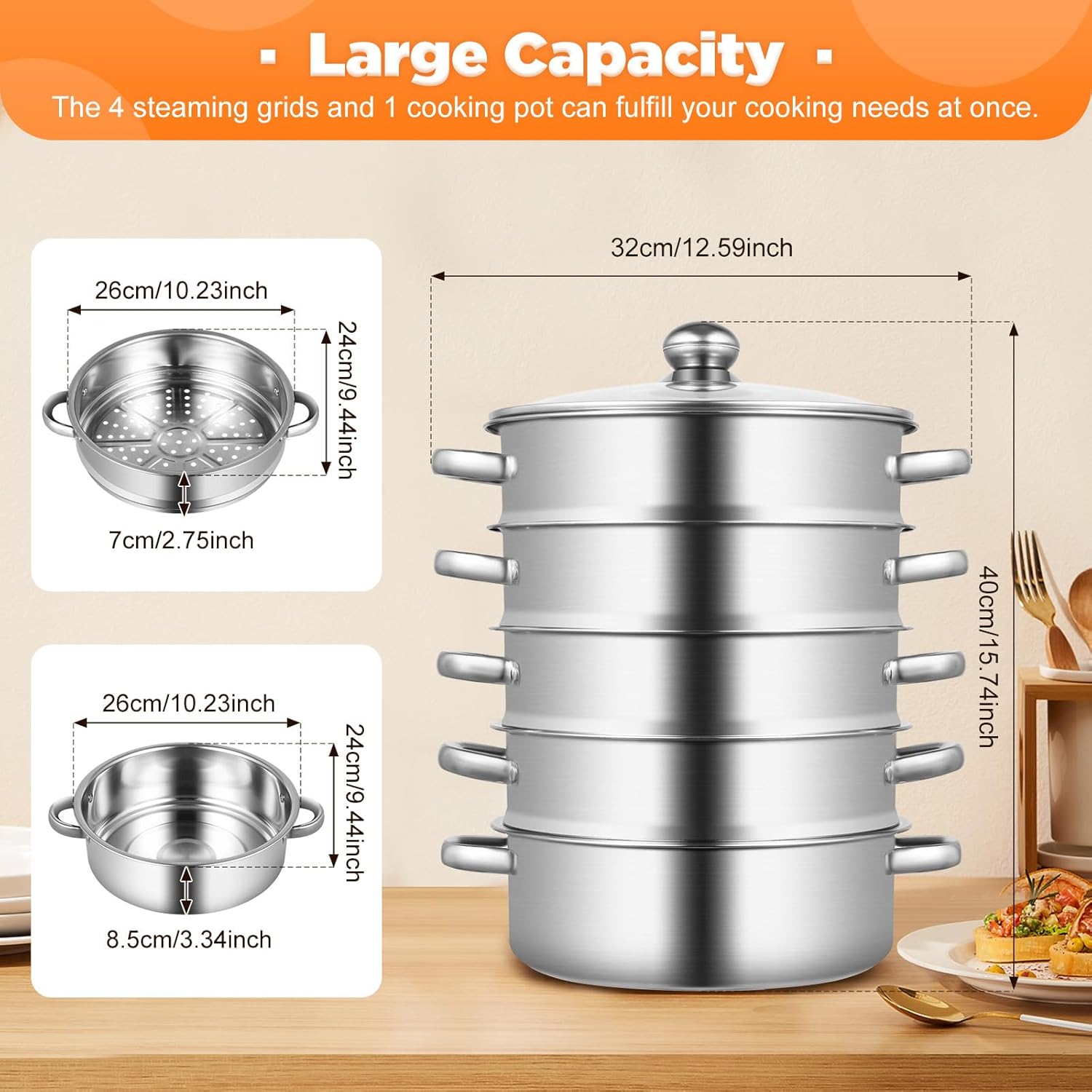 5-Tier Stainless Steel Steamer Pot Set - Multipurpose Cookware for Steaming Pasta, Vegetables, Dumplings, and Seafood