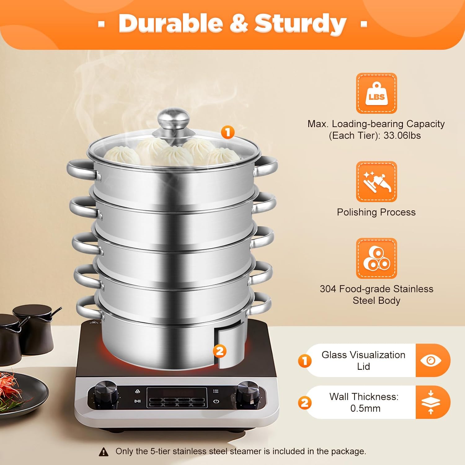 5-Tier Stainless Steel Steamer Pot Set - Multipurpose Cookware for Steaming Pasta, Vegetables, Dumplings, and Seafood