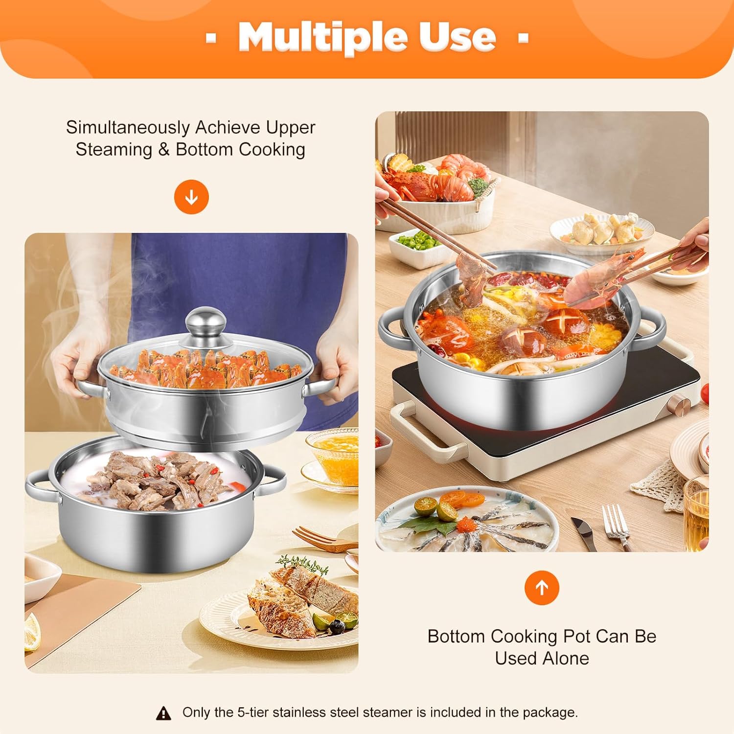 5-Tier Stainless Steel Steamer Pot Set - Multipurpose Cookware for Steaming Pasta, Vegetables, Dumplings, and Seafood