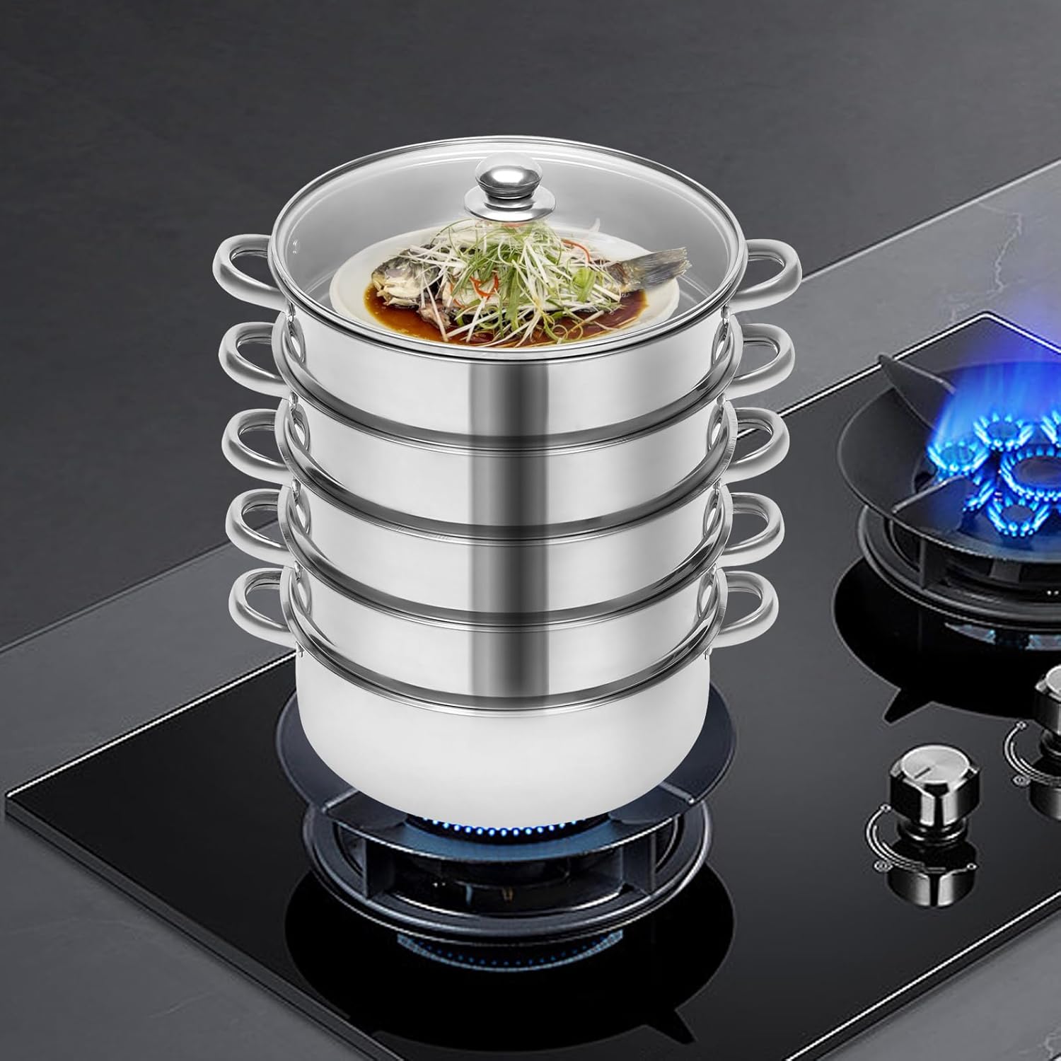 5 Tier Stainless Steel Steamer Pot Set for Gas, Induction, Electric Stove - 10.2in/26cm FFanhia Stackable Cookware for Cooking