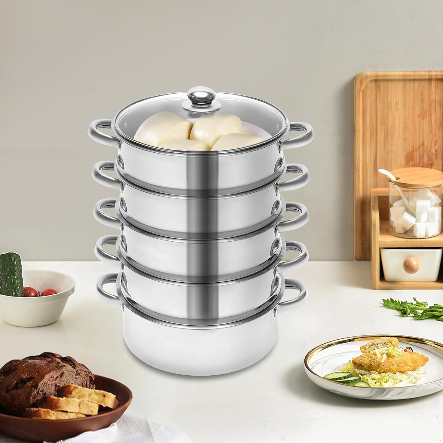 5 Tier Stainless Steel Steamer Pot Set for Gas, Induction, Electric Stove - 10.2in/26cm FFanhia Stackable Cookware for Cooking