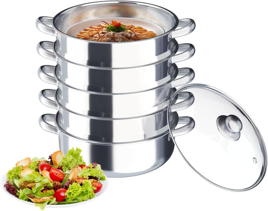5 Tier Stainless Steel Steamer Pot Set with Stock Pot & 4 Steamers - 11.8in/30cm Multifunction Cookware for Gas Electric Stove - Steam Soup, Veggies, and More
