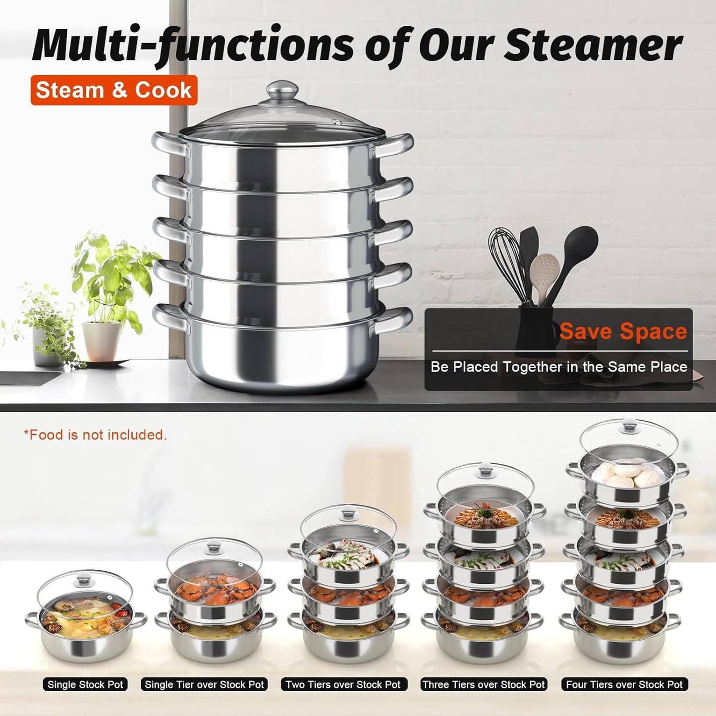 5 Tier Stainless Steel Steamer Pot Set with Stock Pot & 4 Steamers - 11.8in/30cm Multifunction Cookware for Gas Electric Stove - Steam Soup, Veggies, and More