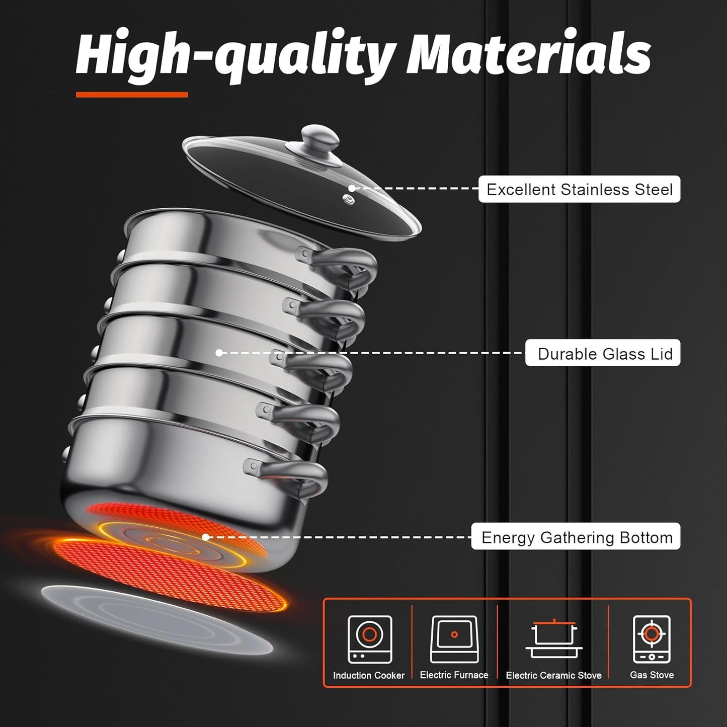 5 Tier Stainless Steel Steamer Pot Set with Stock Pot & 4 Steamers - 11.8in/30cm Multifunction Cookware for Gas Electric Stove - Steam Soup, Veggies, and More