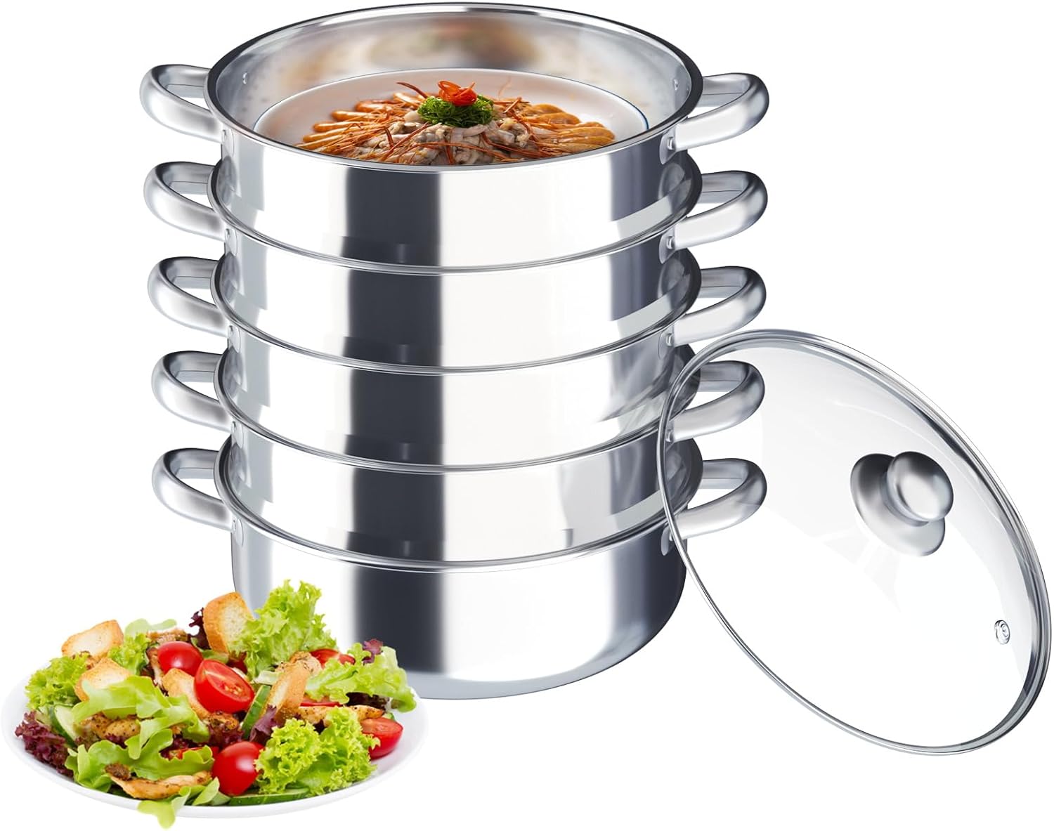 5 Tier Stainless Steel Steamer Pot with Glass Lid - 11.81in Food Steamer for Induction, Electric, Gas Stoves - Tamale Steamer Pot for Various Cooking Needs