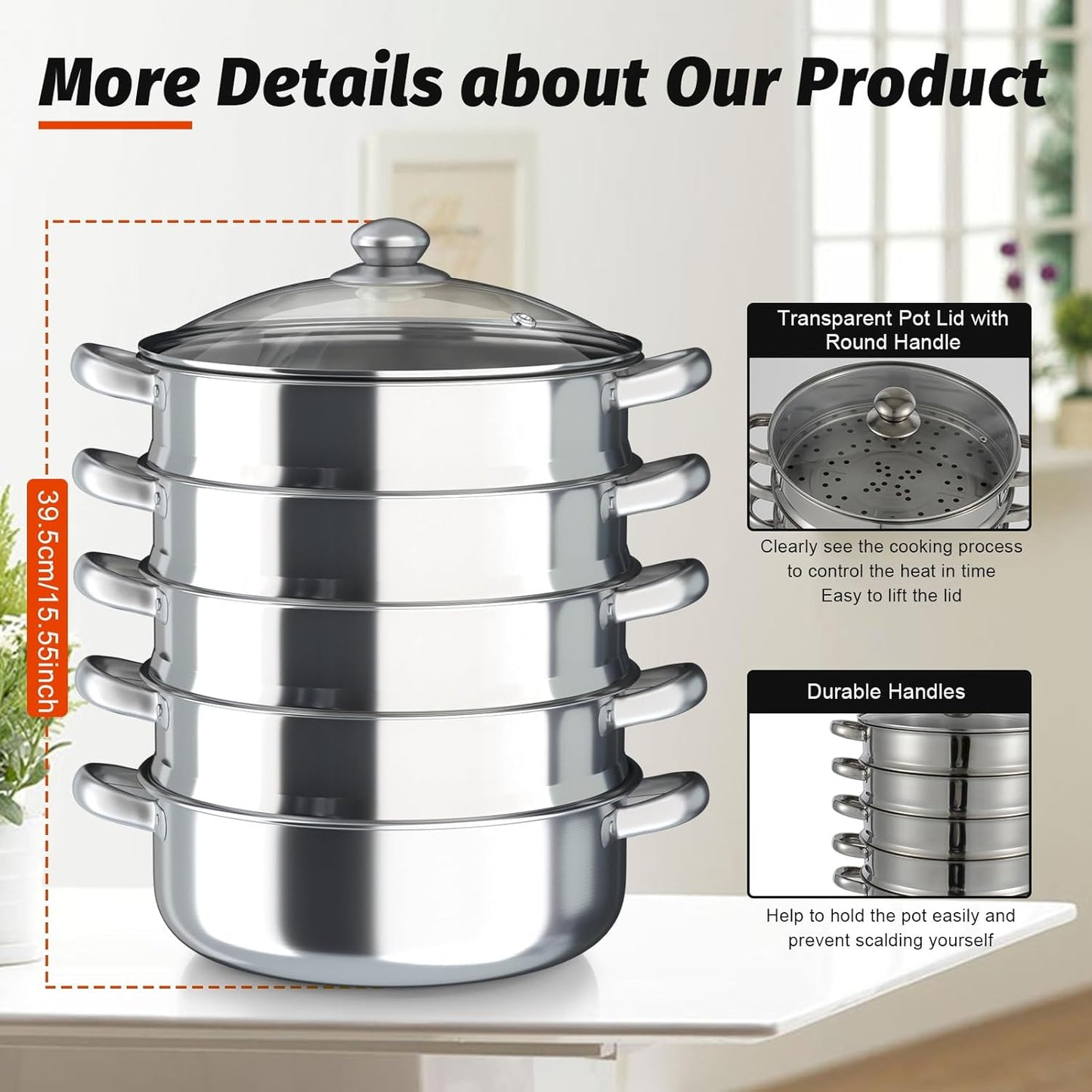 5 Tier Stainless Steel Steamer Pot with Glass Lid - 11.81in Food Steamer for Induction, Electric, Gas Stoves - Tamale Steamer Pot for Various Cooking Needs