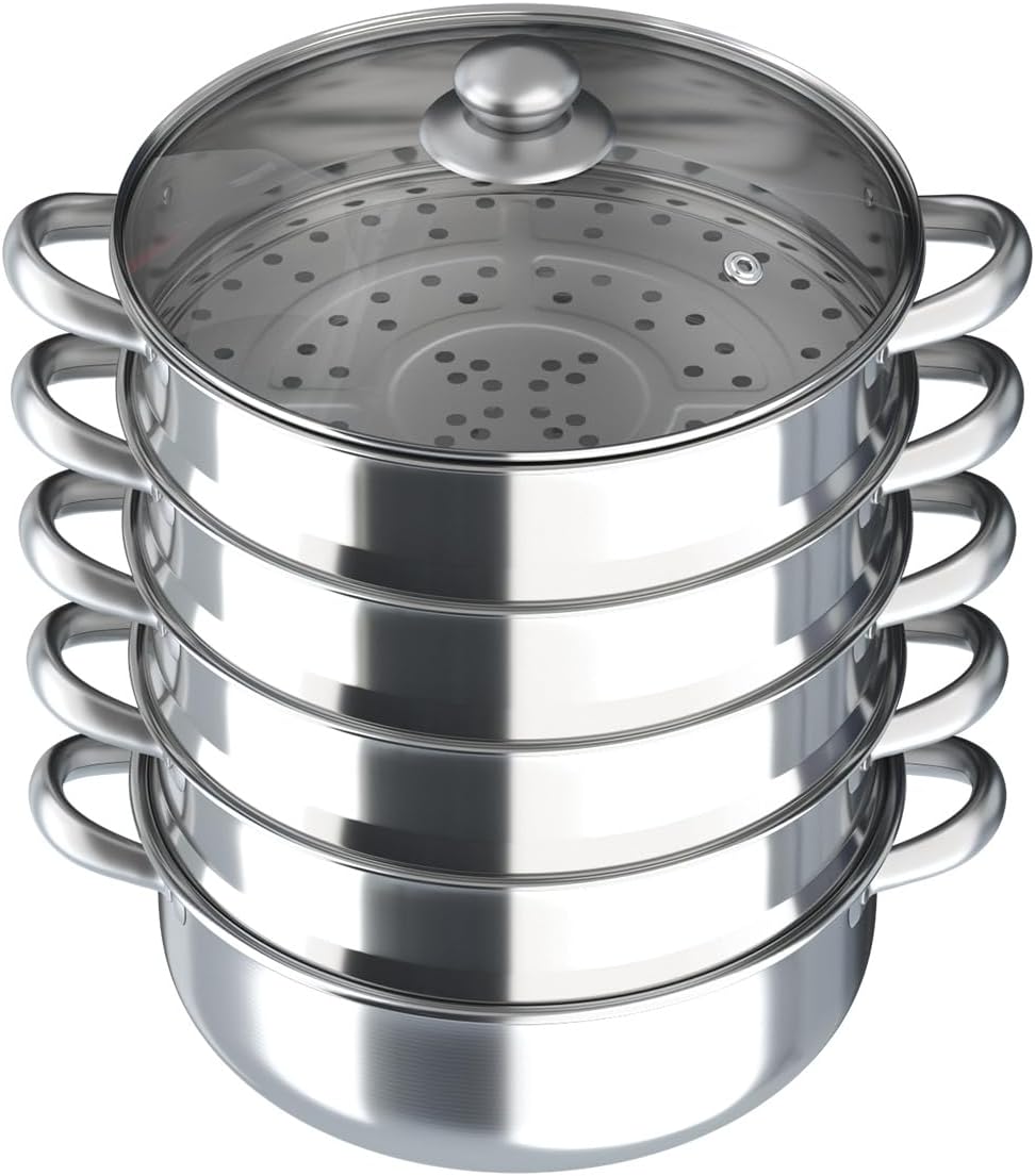 5 Tier Stainless Steel Steamer Pot with Handle, 11.81in Multi-layer Cookware for Steaming, Saucepot Boiler