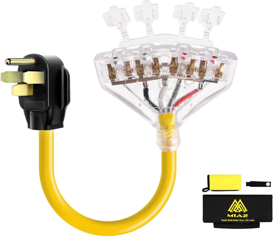 50 amp to 20 amp Adapter for RVs - 110V Distribution with NEMA 14-50P Male Plug to 4X 5-20R Female Outlets - 1.5 ft Cord & Dust Protection Caps included