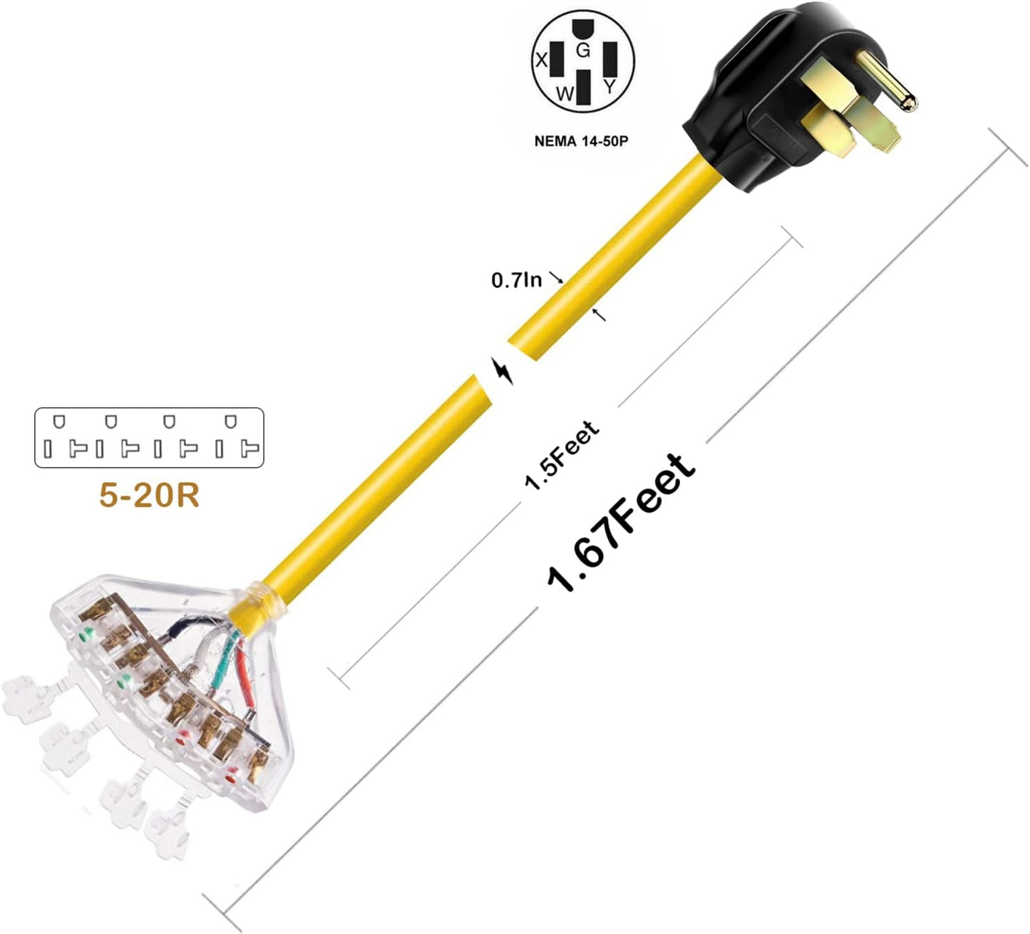 50 amp to 20 amp Adapter for RVs - 110V Distribution with NEMA 14-50P Male Plug to 4X 5-20R Female Outlets - 1.5 ft Cord & Dust Protection Caps included