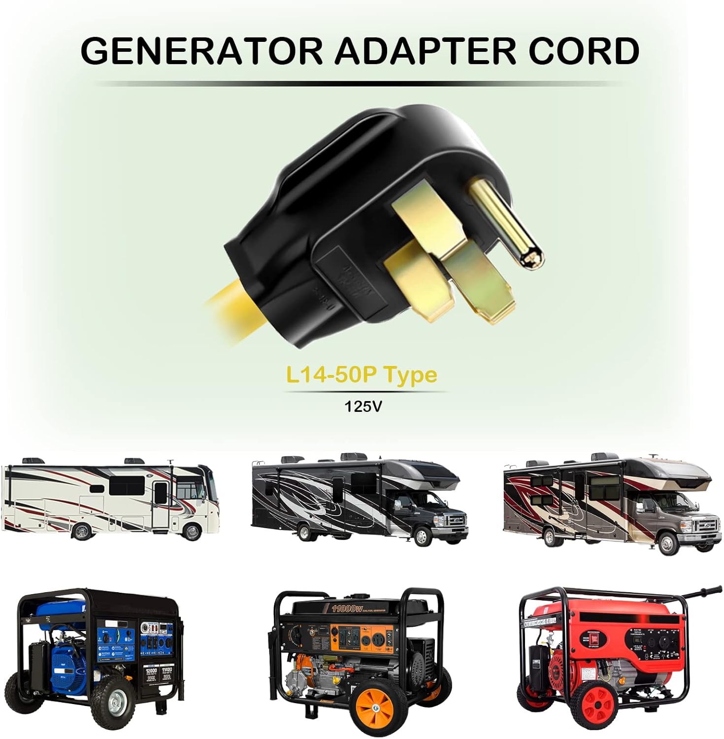 50 amp to 20 amp Adapter for RVs - 110V Distribution with NEMA 14-50P Male Plug to 4X 5-20R Female Outlets - 1.5 ft Cord & Dust Protection Caps included