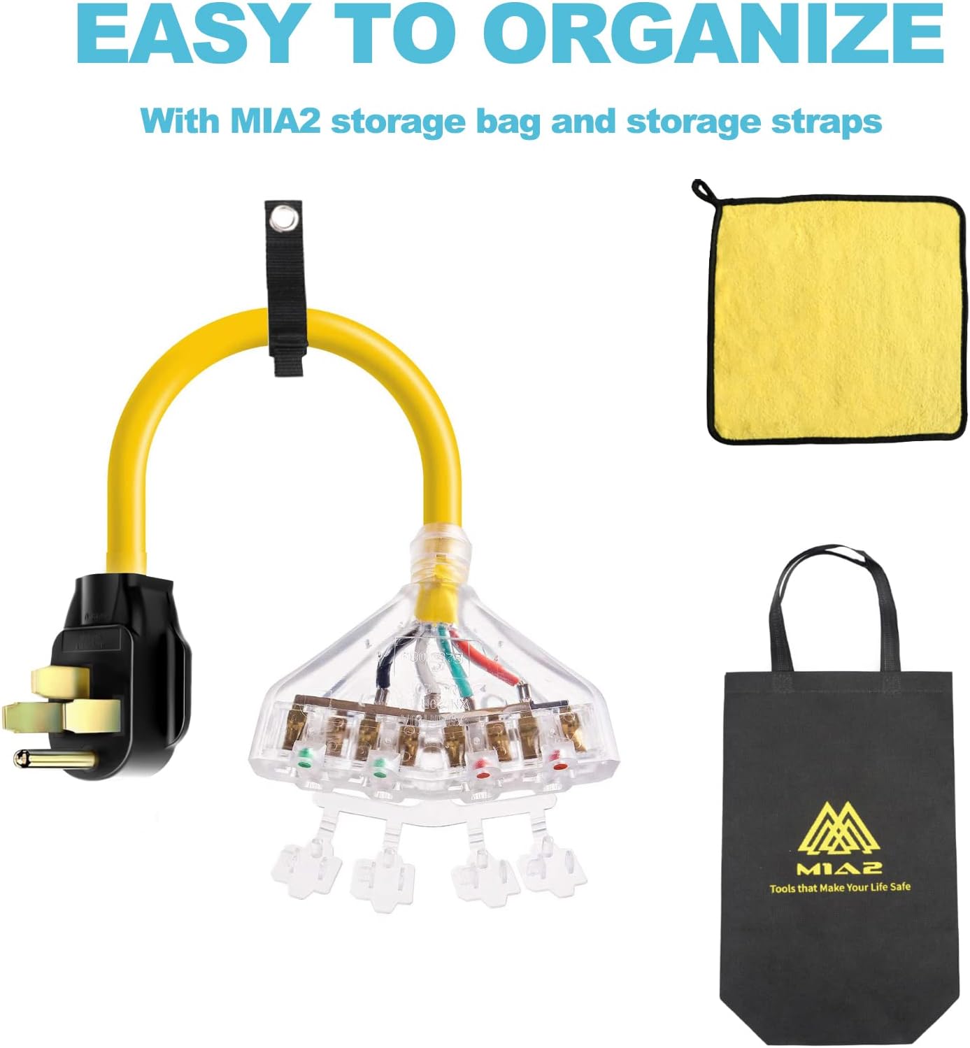 50 amp to 20 amp Adapter for RVs - 110V Distribution with NEMA 14-50P Male Plug to 4X 5-20R Female Outlets - 1.5 ft Cord & Dust Protection Caps included